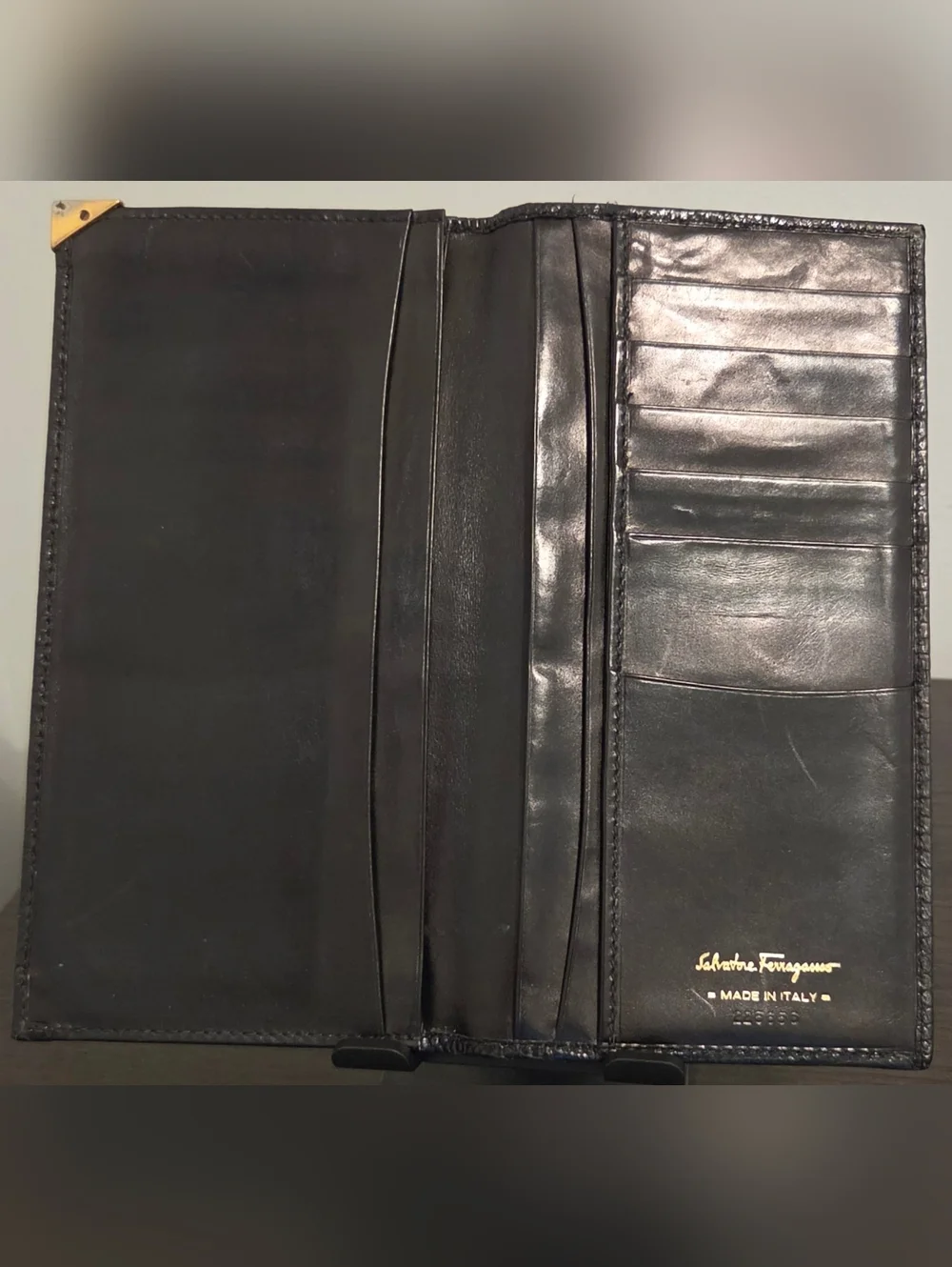 Salvatore Ferragamo Black Lizard Embossed Leather Long Wallet Gold Corner Italy